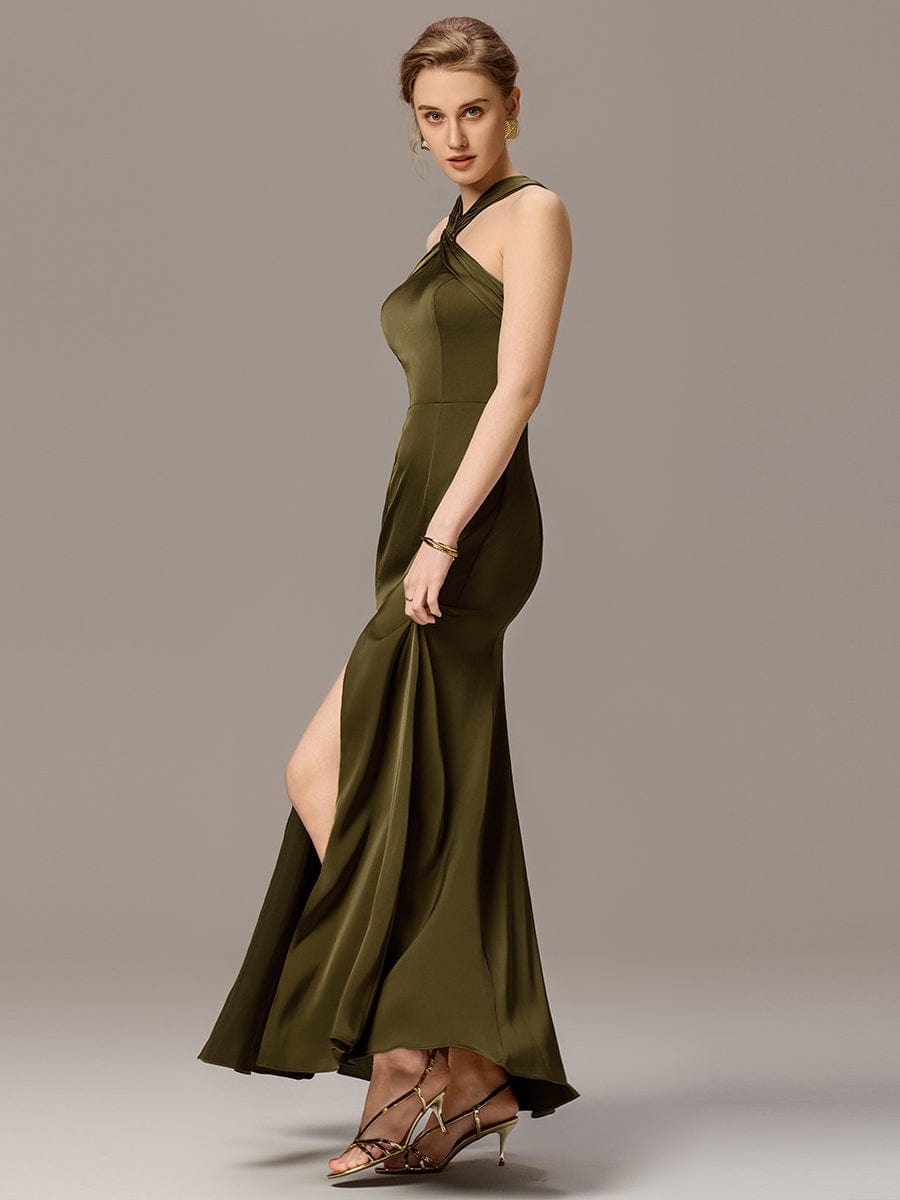 Satin Cross Halter Sleeveless Maxi Bridesmaid Dress #color_Olive Green