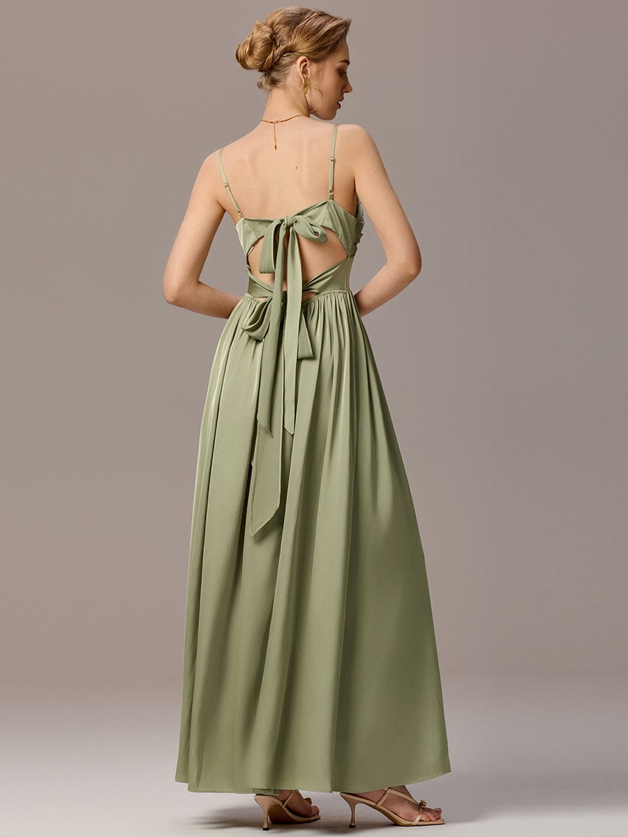 Satin Pleated Backless Sleeveless Maxi Bridesmaid Dress #color_Sage Green