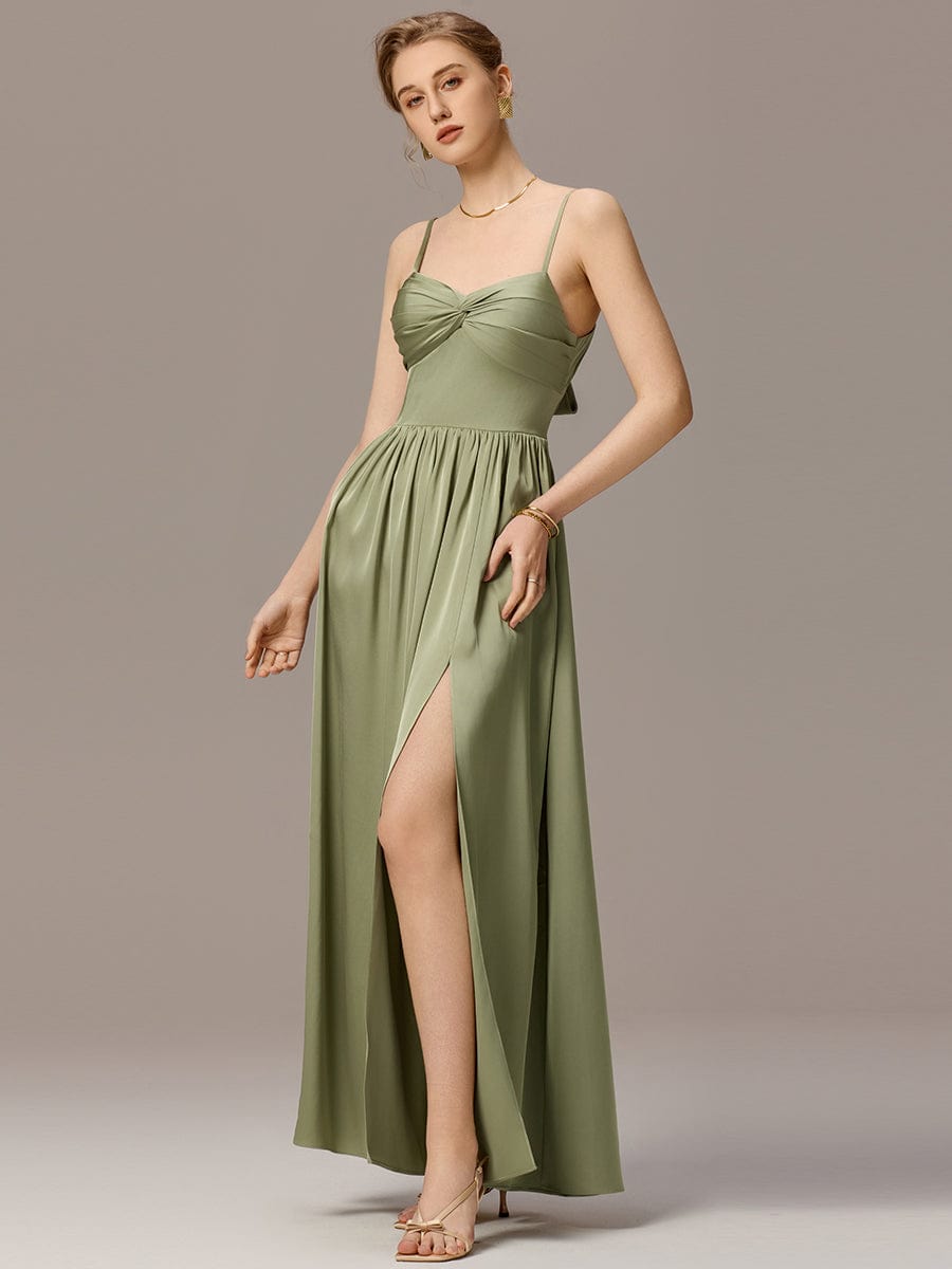 Satin Pleated Backless Sleeveless Maxi Bridesmaid Dress #color_Sage Green