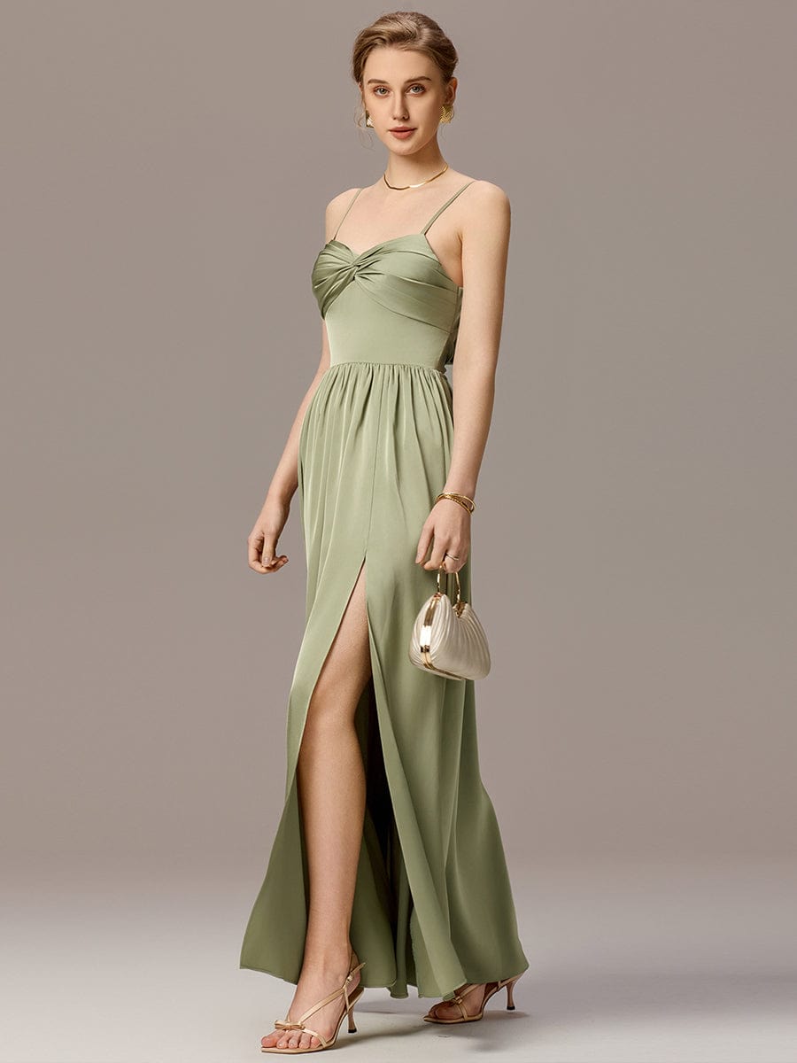 Satin Pleated Backless Sleeveless Maxi Bridesmaid Dress #color_Sage Green