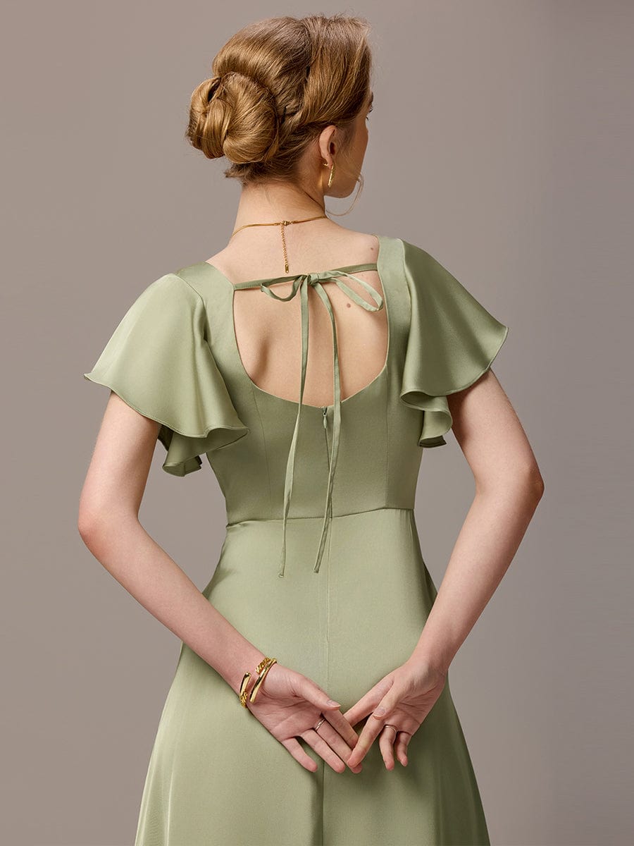 Satin Square Neck Short Sleeve Ruffled Maxi Bridesmaid Dress #color_Sage Green