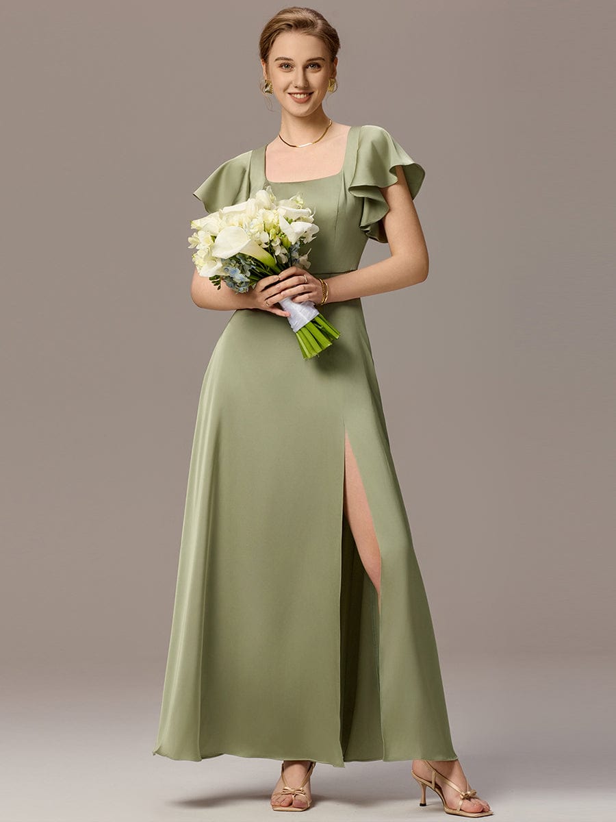 Satin Square Neck Short Sleeve Ruffled Maxi Bridesmaid Dress #color_Sage Green