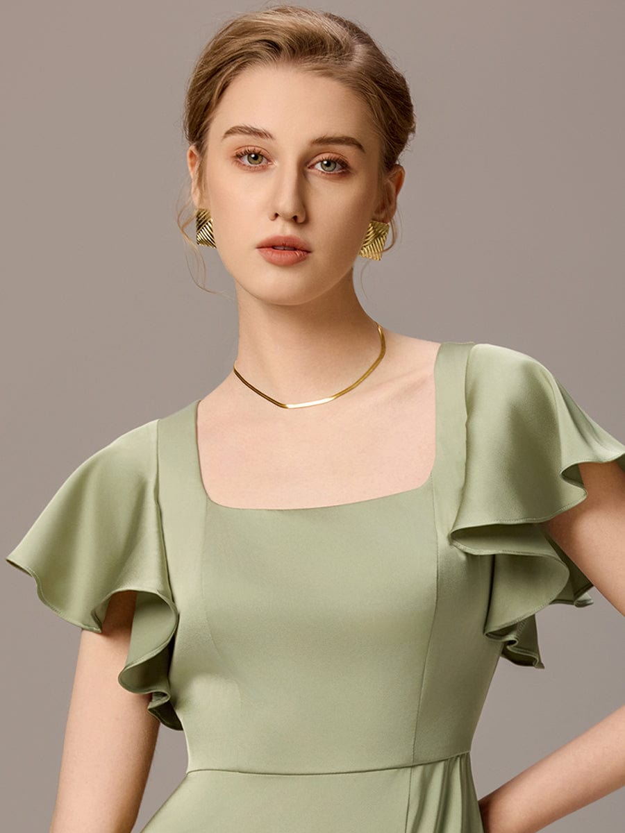 Satin Square Neck Short Sleeve Ruffled Maxi Bridesmaid Dress #color_Sage Green