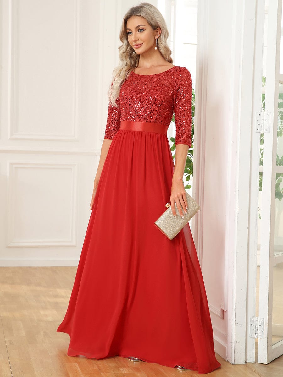 Elegant Round Neckline 3/4 Sleeve Sequins Patchwork Evening Dress #color_Red