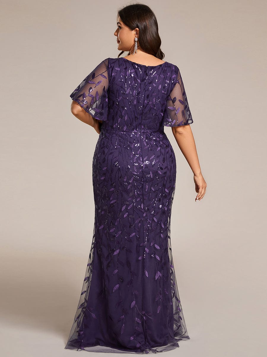 Fashion Plus Size V Neck Mermaid Sequin & Tulle Evening Dress #color_Dark Purple