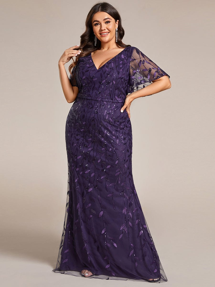 Fashion Plus Size V Neck Mermaid Sequin & Tulle Evening Dress #color_Dark Purple