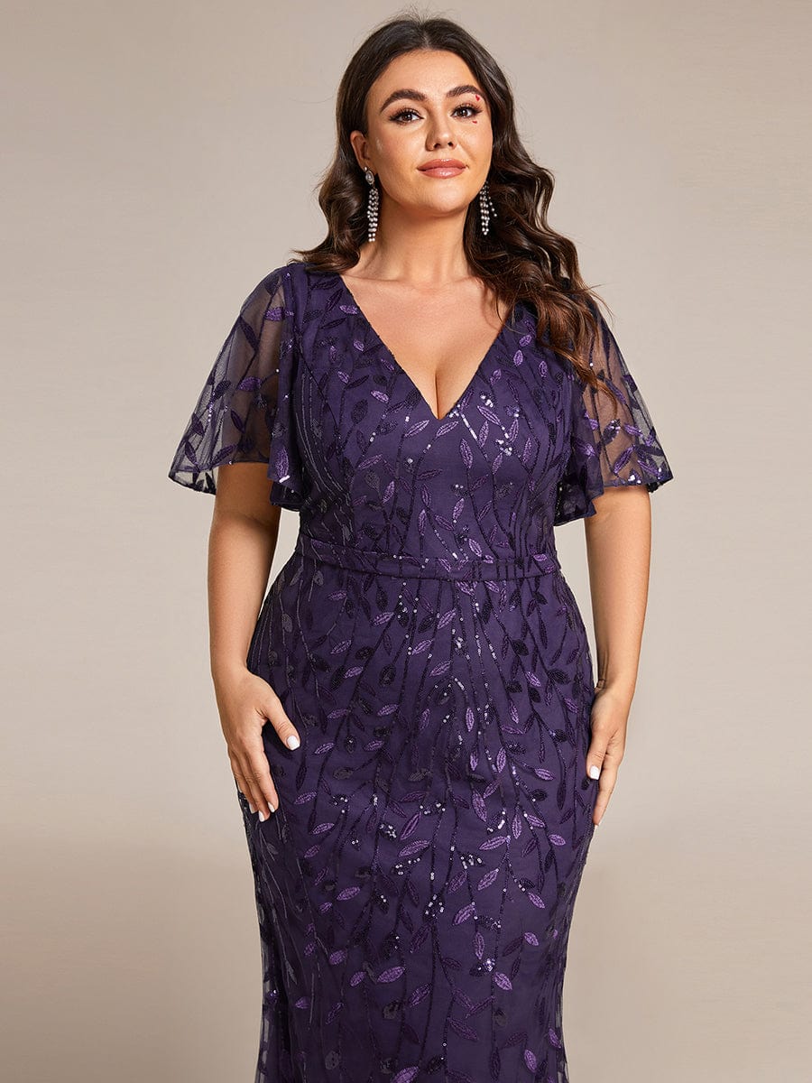 Fashion Plus Size V Neck Mermaid Sequin & Tulle Evening Dress #color_Dark Purple