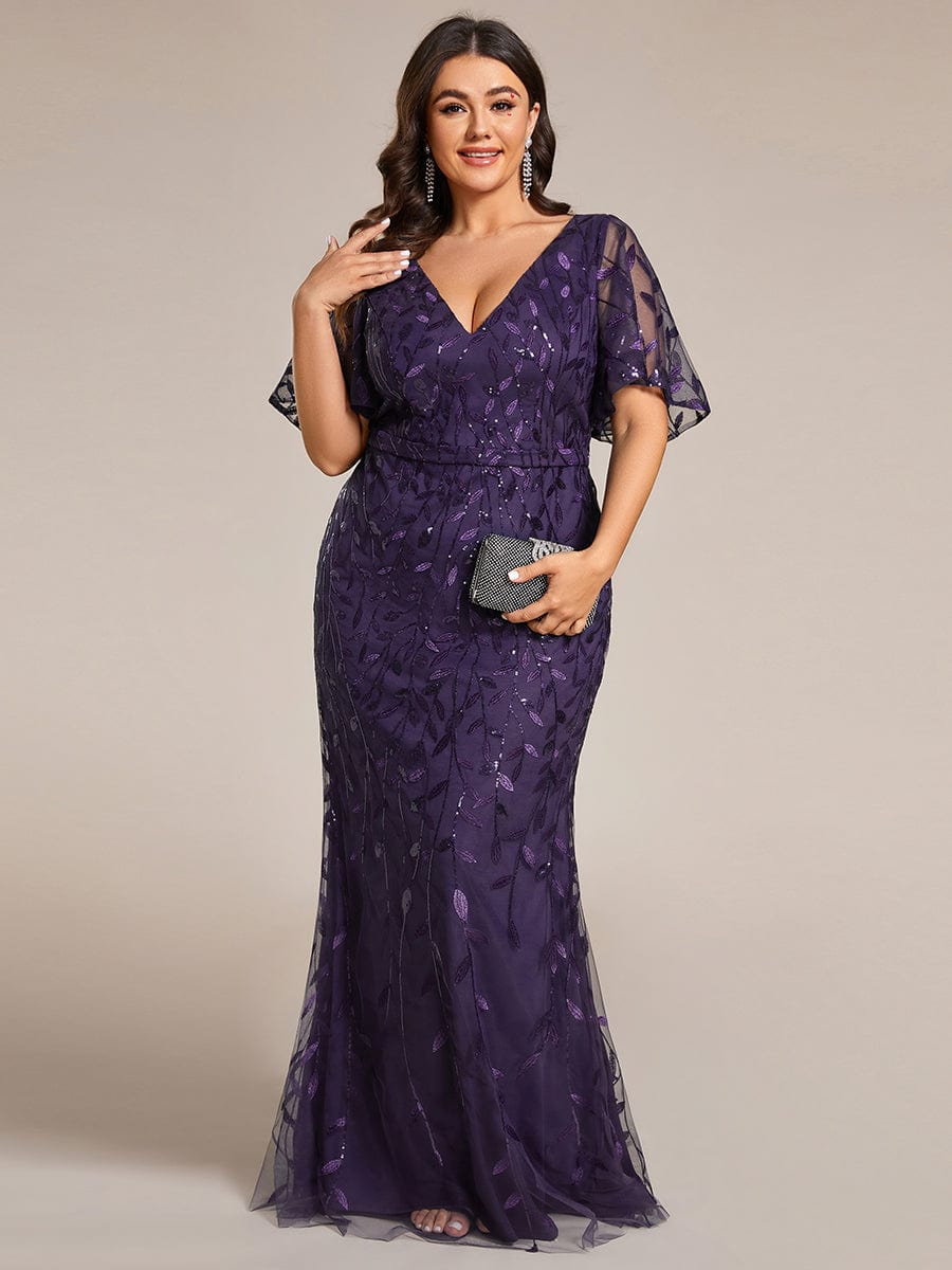 Gorgeous V Neck Leaf-Sequined Fishtail Party Dress #color_Dark Purple