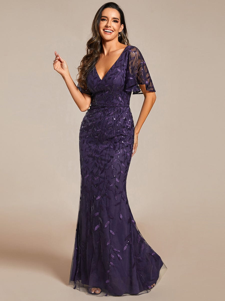 Gorgeous V Neck Leaf-Sequined Fishtail Party Dress #color_Dark Purple