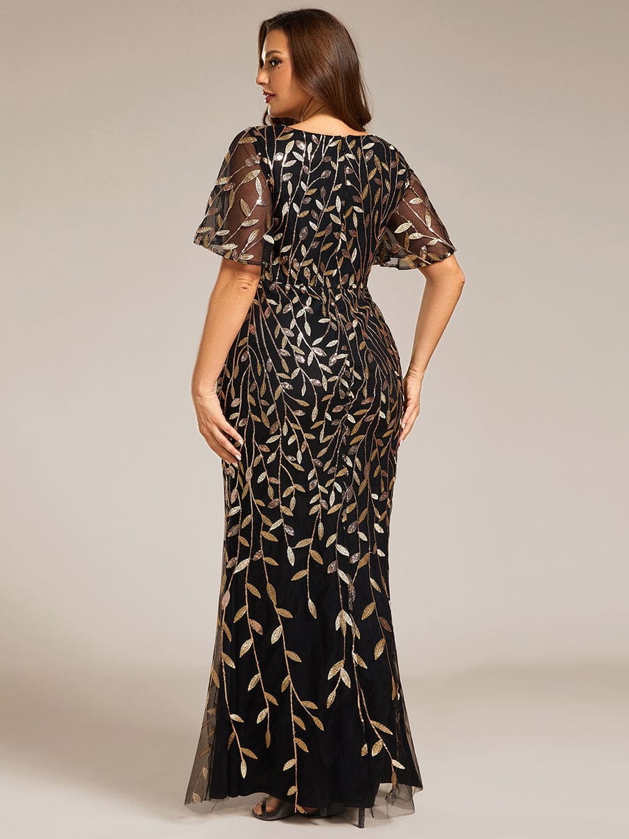 Gorgeous V Neck Leaf-Sequined Fishtail Party Dress #color_Black & Gold