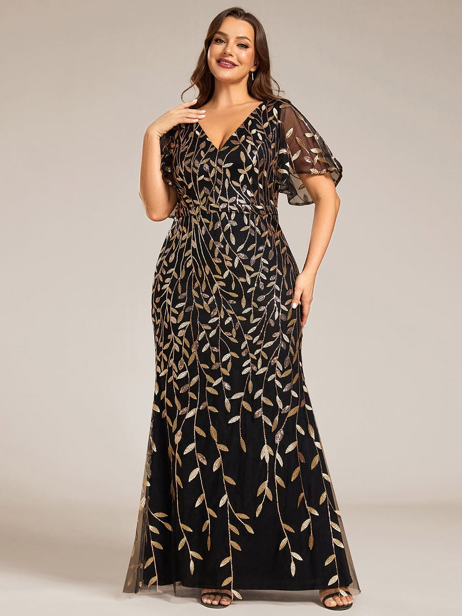 Fashion Plus Size V Neck Mermaid Sequin & Tulle Evening Dress #color_Black & Gold