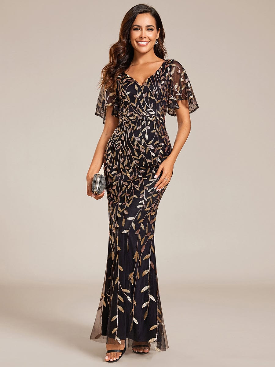 Gorgeous V Neck Leaf-Sequined Fishtail Party Dress #color_Black & Gold