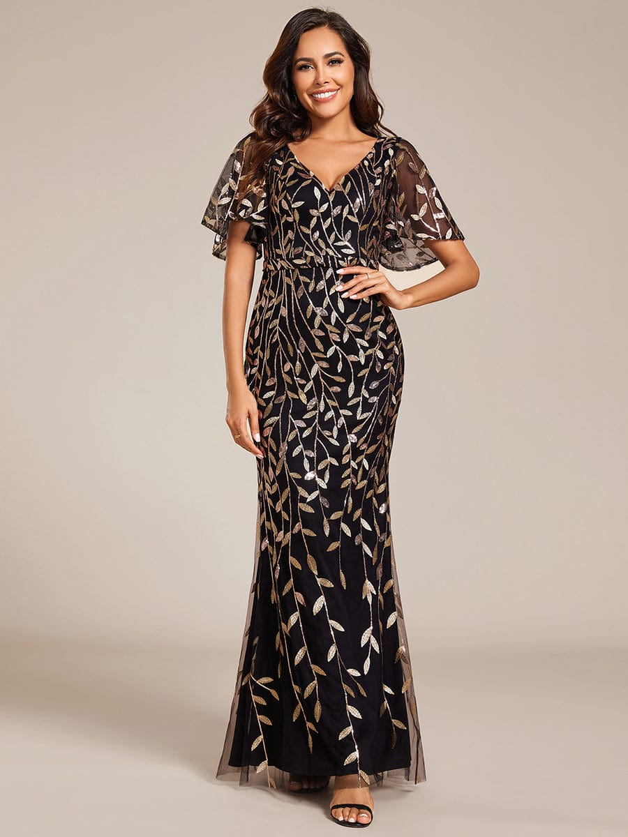 Gorgeous V Neck Leaf-Sequined Fishtail Party Dress #color_Black & Gold