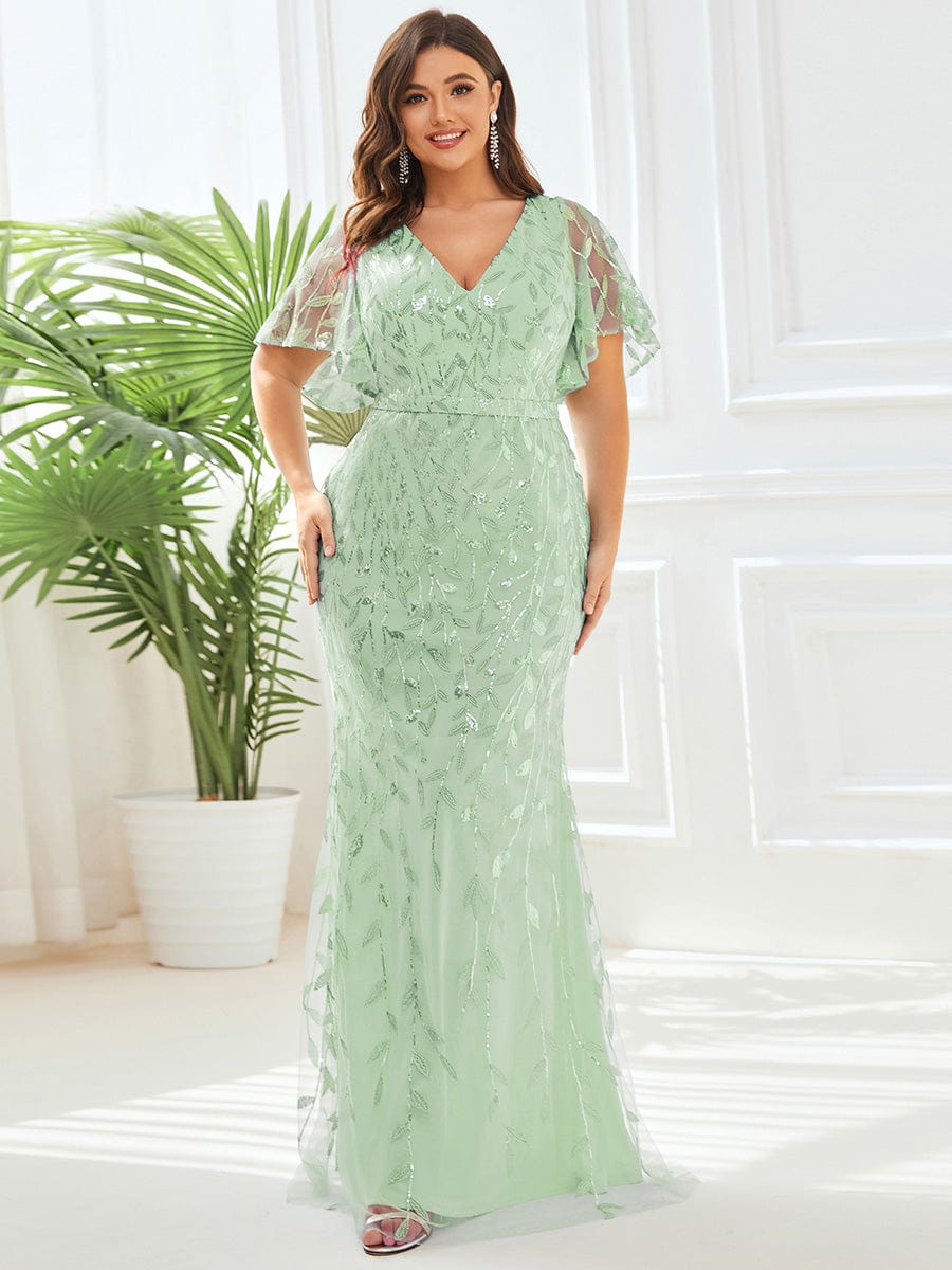 Gorgeous V Neck Leaf-Sequined Fishtail Party Dress #color_Mint Green