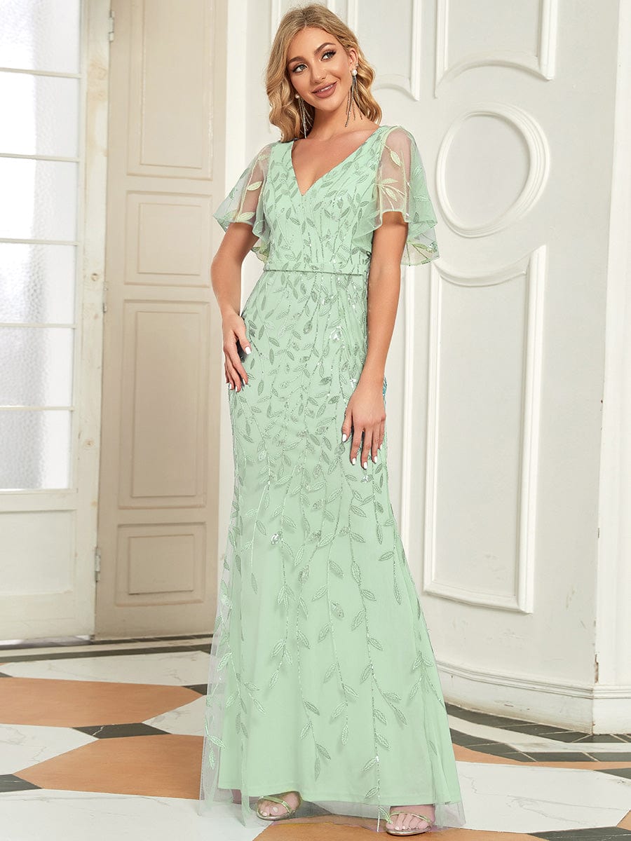 Gorgeous V Neck Leaf-Sequined Fishtail Party Dress #color_Mint Green