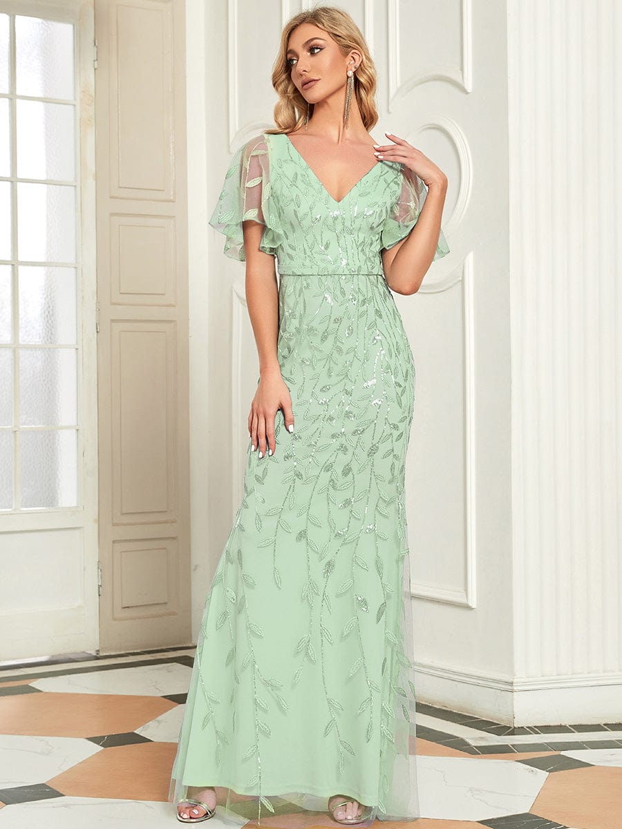 Gorgeous V Neck Leaf-Sequined Fishtail Party Dress #color_Mint Green