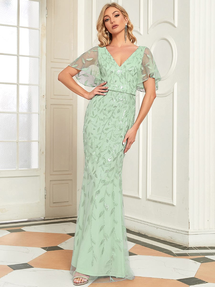 Gorgeous V Neck Leaf-Sequined Fishtail Party Dress #color_Mint Green