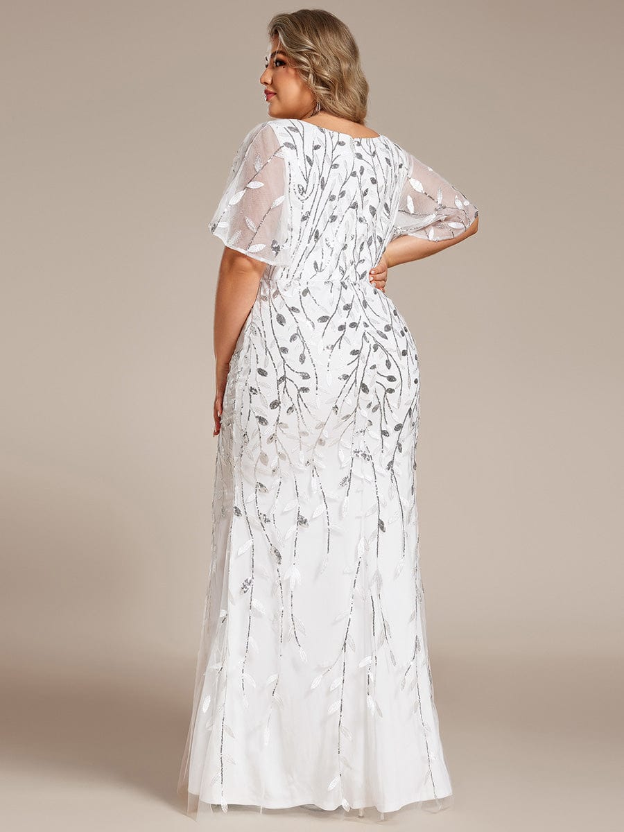 Fashion Plus Size V Neck Mermaid Sequin & Tulle Evening Dress #color_White