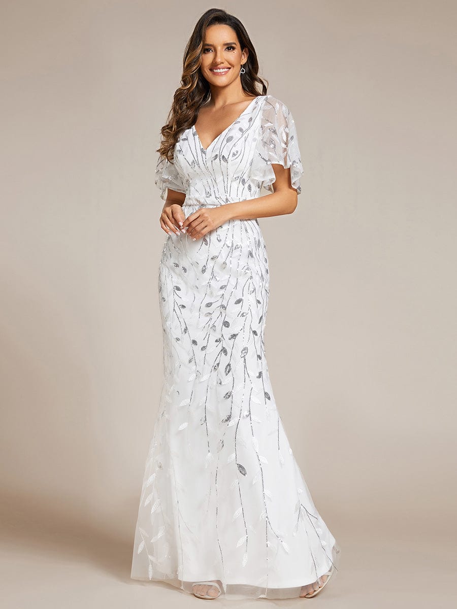 Gorgeous V Neck Leaf-Sequined Fishtail Party Dress #color_White