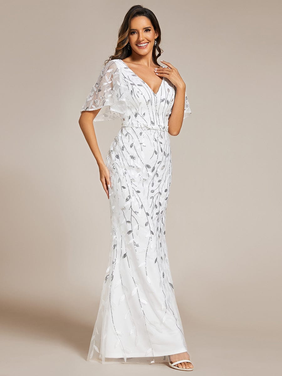 Gorgeous V Neck Leaf-Sequined Fishtail Party Dress #color_White