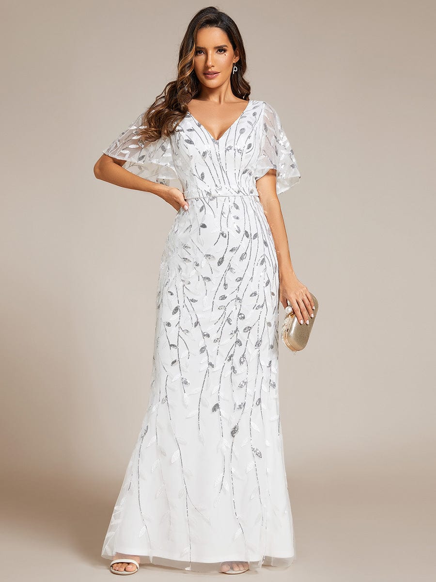 Gorgeous V Neck Leaf-Sequined Fishtail Party Dress #color_White