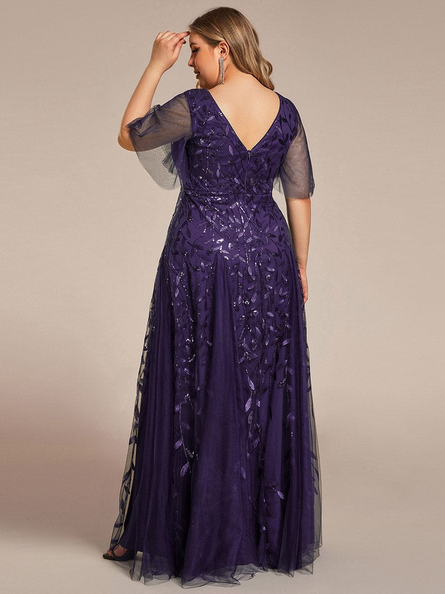 Plus Size romantic shimmery v neck ruffle sleeves evening gown #color_Dark Purple