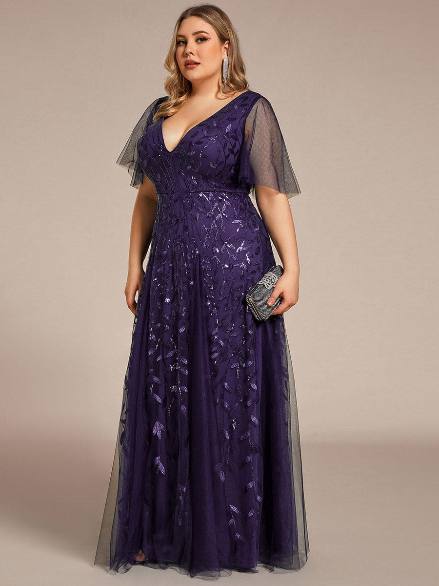 Plus Size romantic shimmery v neck ruffle sleeves evening gown #color_Dark Purple