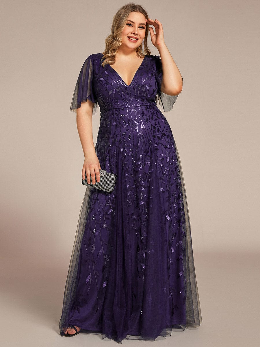 Romantic Shimmery V Neck Ruffle Sleeves Maxi Long Evening Gowns #color_Dark Purple