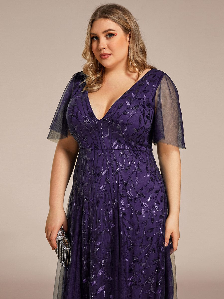 Plus Size romantic shimmery v neck ruffle sleeves evening gown #color_Dark Purple