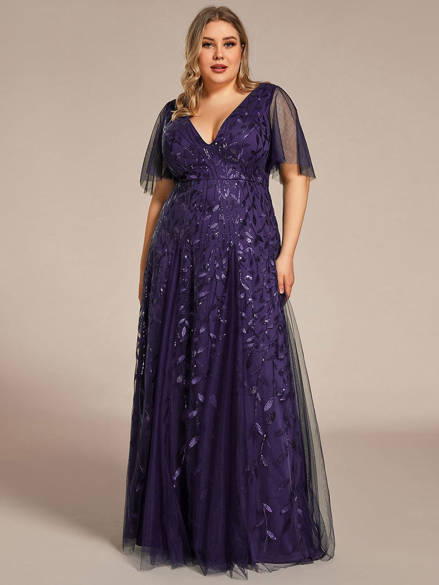 Plus Size romantic shimmery v neck ruffle sleeves evening gown #color_Dark Purple