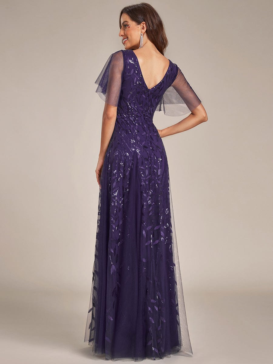 Romantic Shimmery V Neck Ruffle Sleeves Maxi Long Evening Gowns #color_Dark Purple