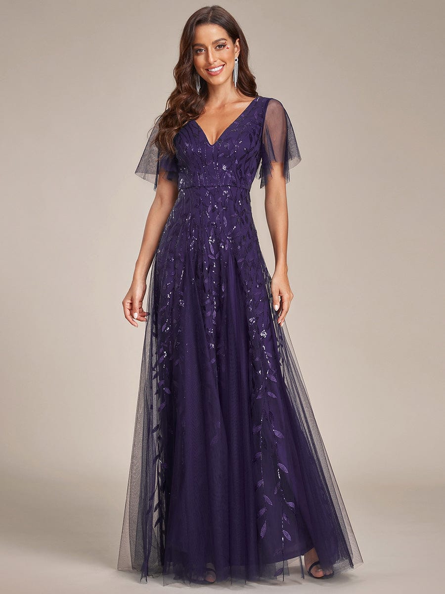 Romantic Shimmery V Neck Ruffle Sleeves Maxi Long Evening Gowns #color_Dark Purple