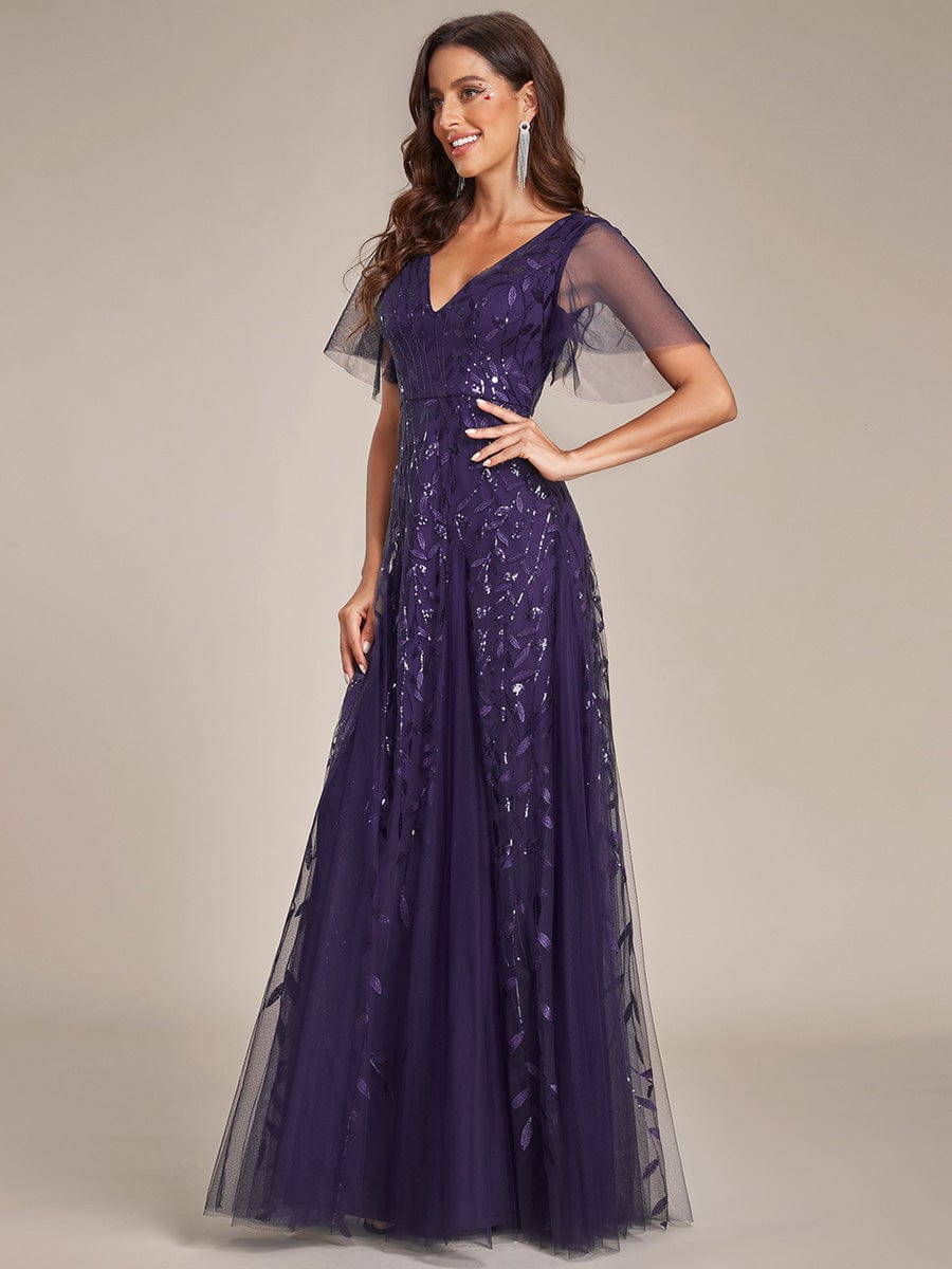 Romantic Shimmery V Neck Ruffle Sleeves Maxi Long Evening Gowns #color_Dark Purple