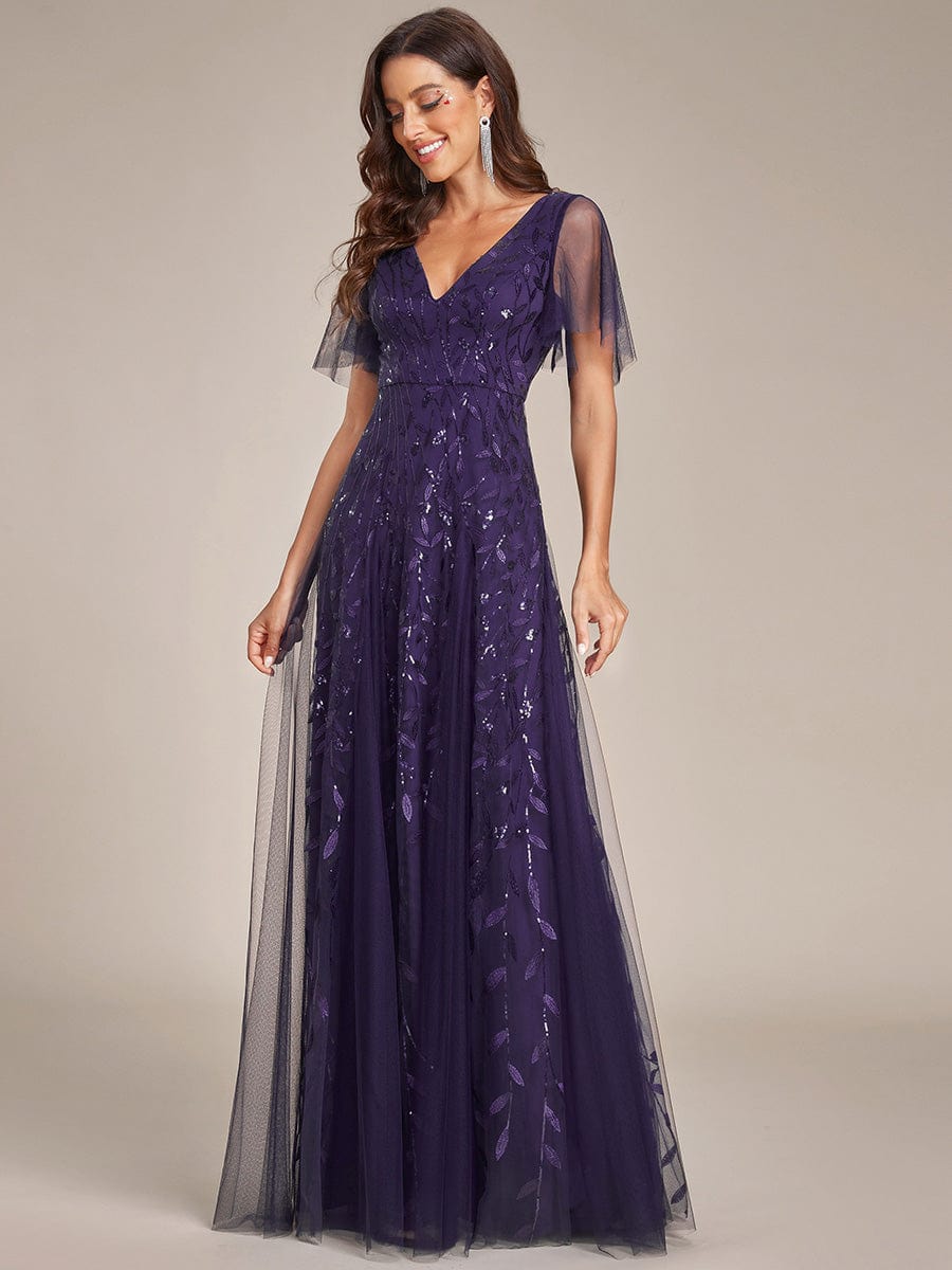 Romantic Shimmery V Neck Ruffle Sleeves Maxi Long Evening Gowns #color_Dark Purple