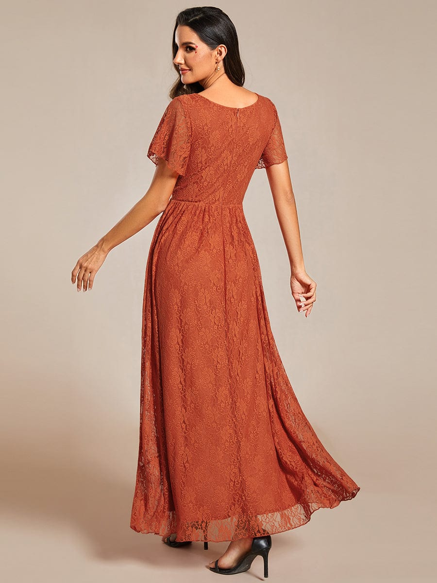 V-Neck Short Sleeve Pleated Ruffled Lace Evening Dress #Color_Burnt Orange