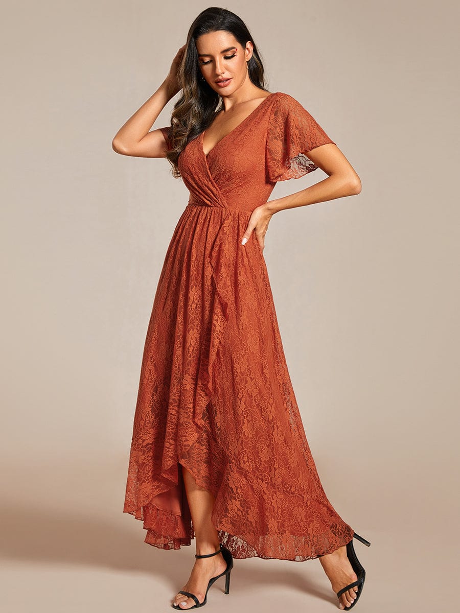 V-Neck Short Sleeve Pleated Ruffled Lace Evening Dress #Color_Burnt Orange