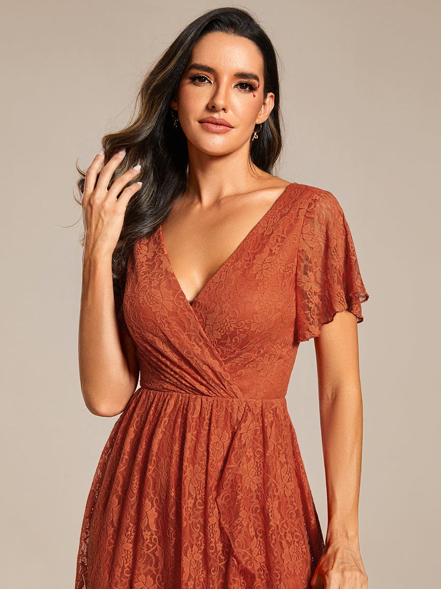 V-Neck Short Sleeve Pleated Ruffled Lace Evening Dress #Color_Burnt Orange