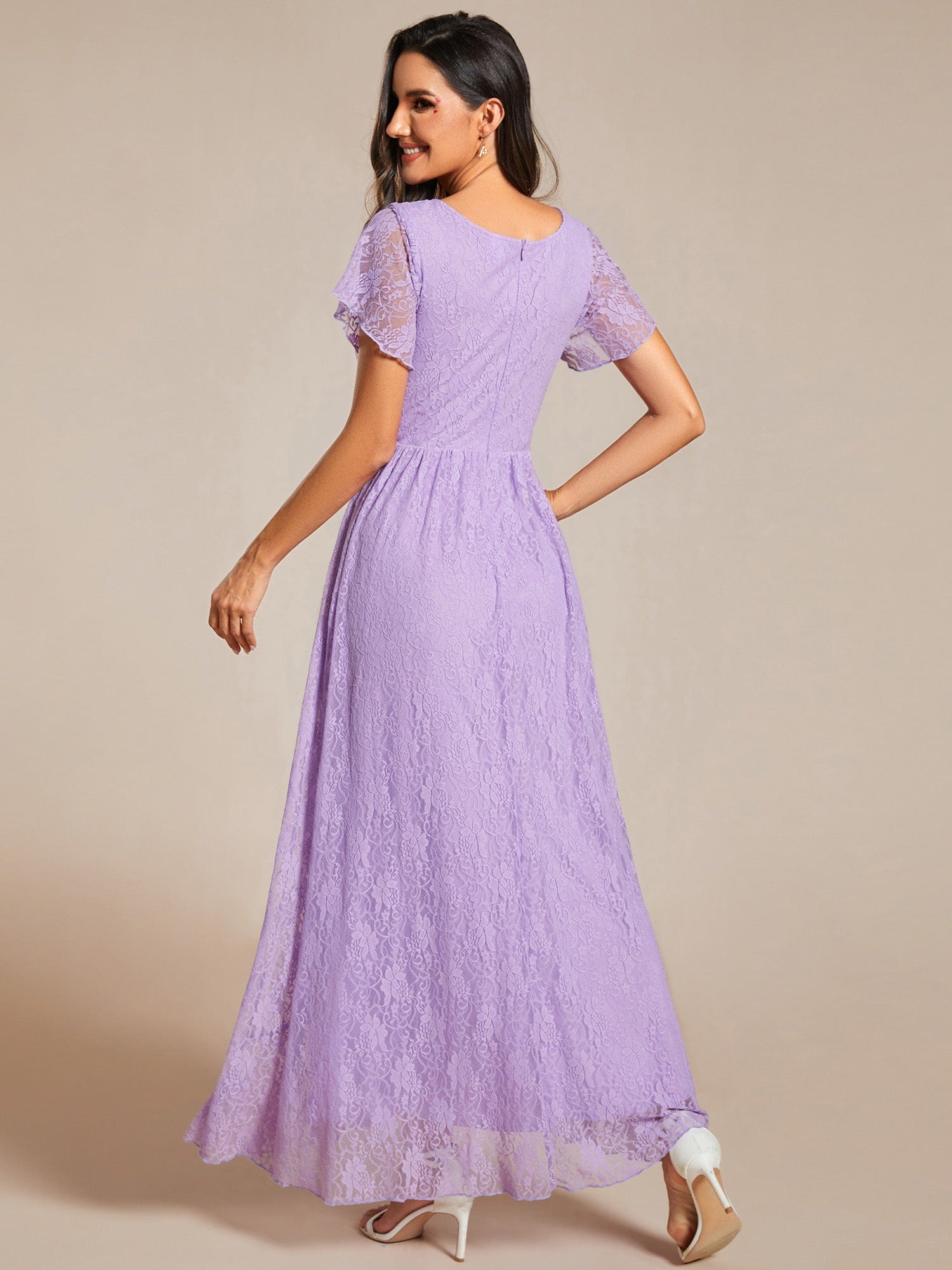 V-Neck Short Sleeve Pleated Ruffled Lace Evening Dress #Color_Lavender