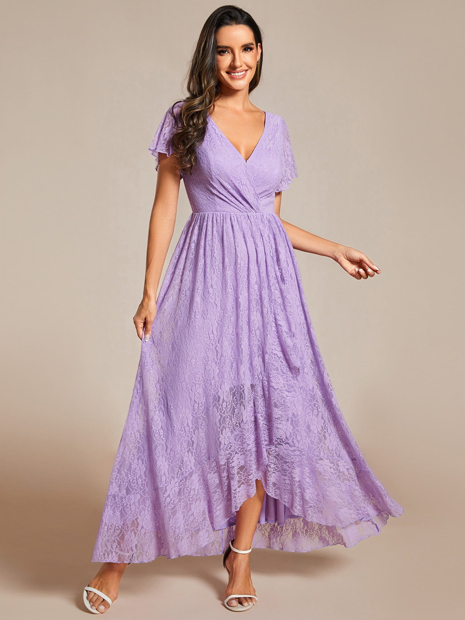 V-Neck Short Sleeve Pleated Ruffled Lace Evening Dress #Color_Lavender