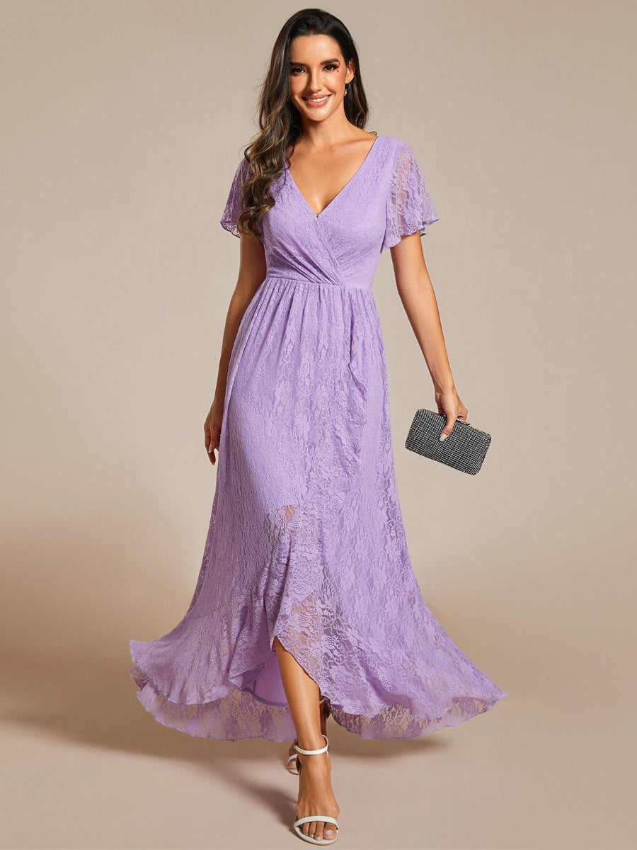 V-Neck Short Sleeve Pleated Ruffled Lace Evening Dress #Color_Lavender