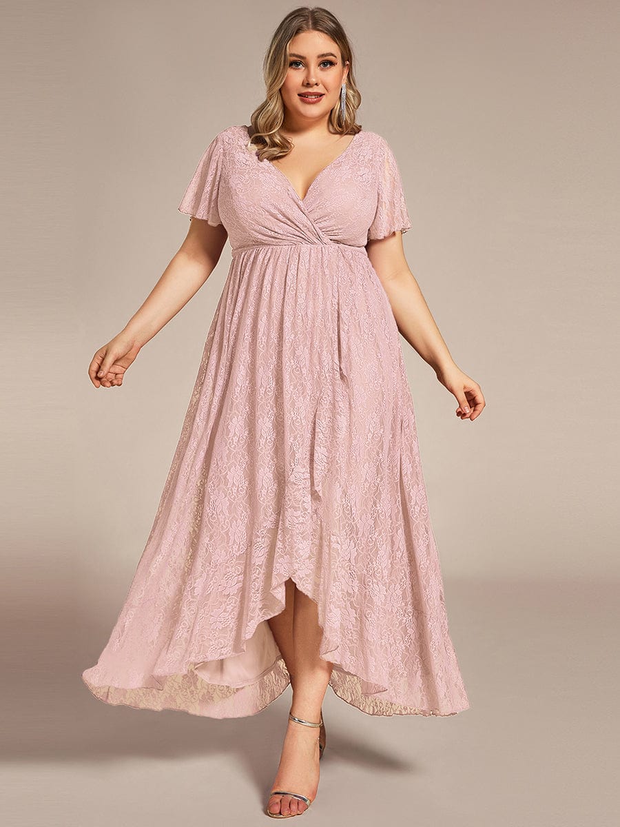 V-Neck Short Sleeve Pleated Ruffled Lace Evening Dress #Color_Pink