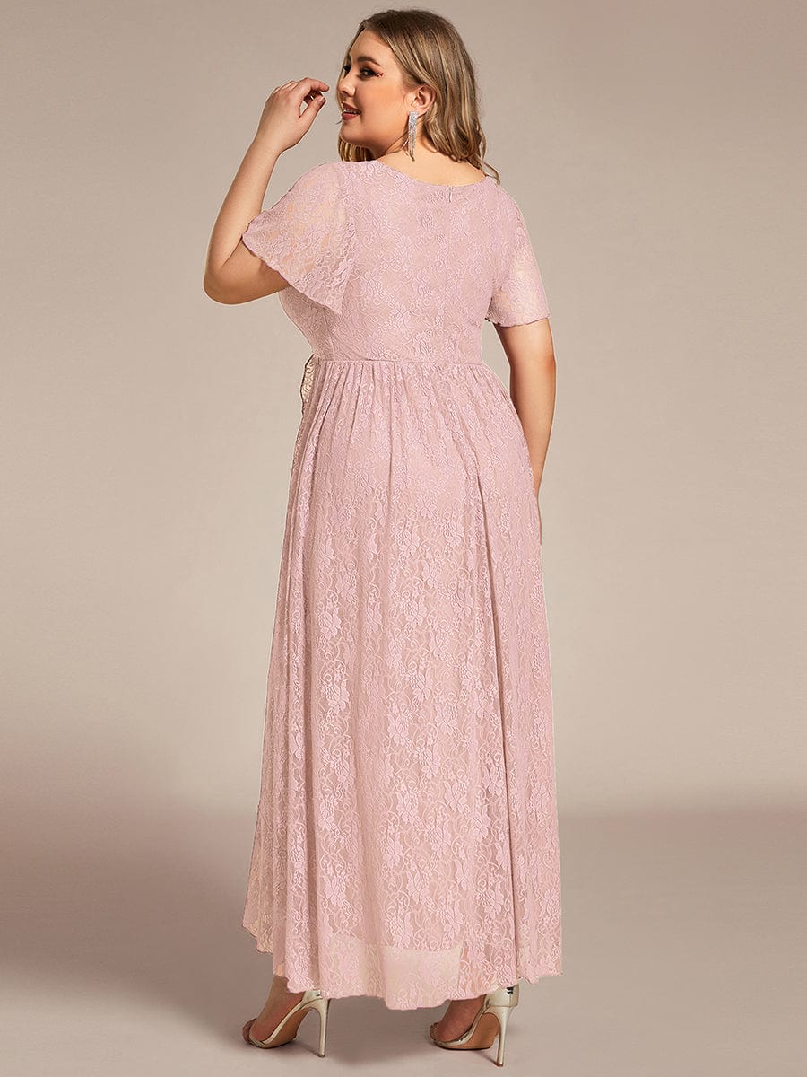 V-Neck Short Sleeve Pleated Ruffled Lace Evening Dress #Color_Pink