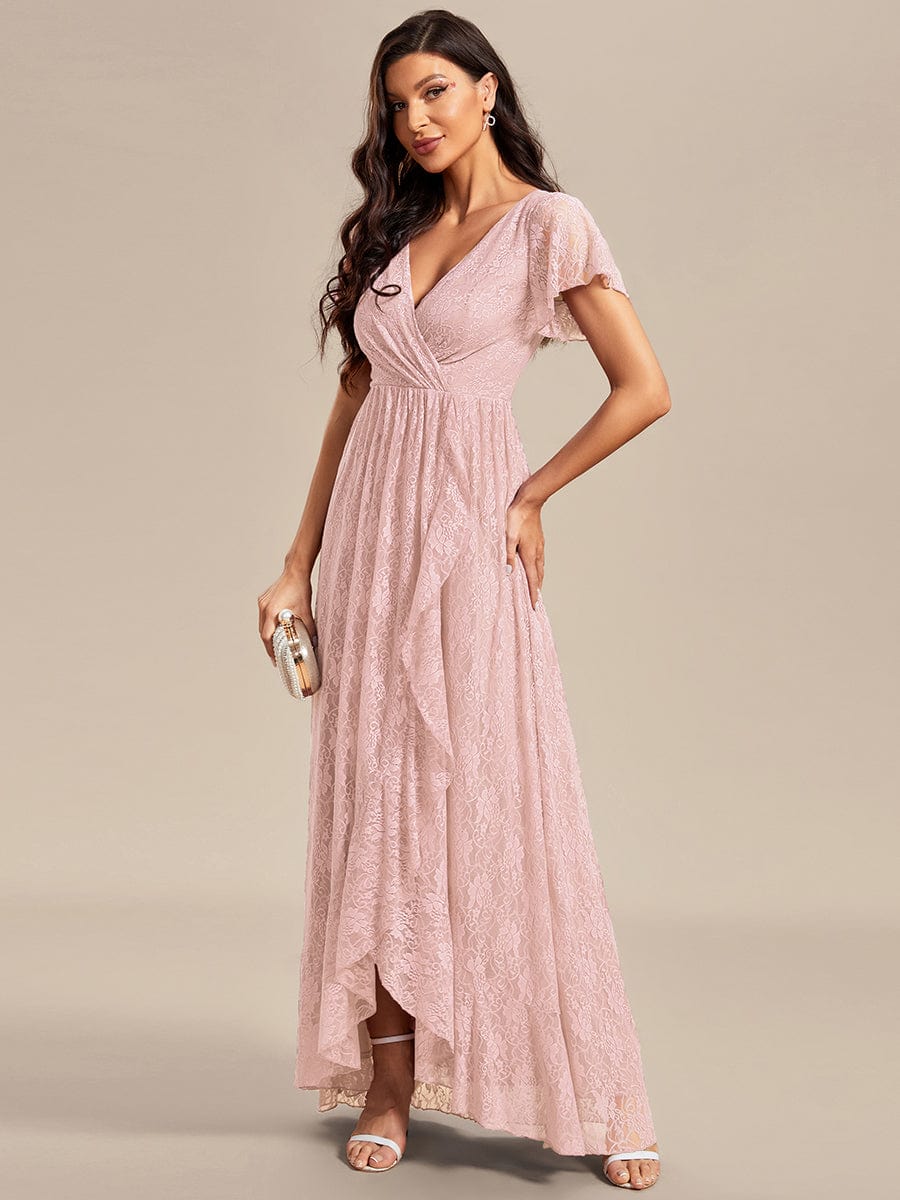 V-Neck Short Sleeve Pleated Ruffled Lace Evening Dress #Color_Pink