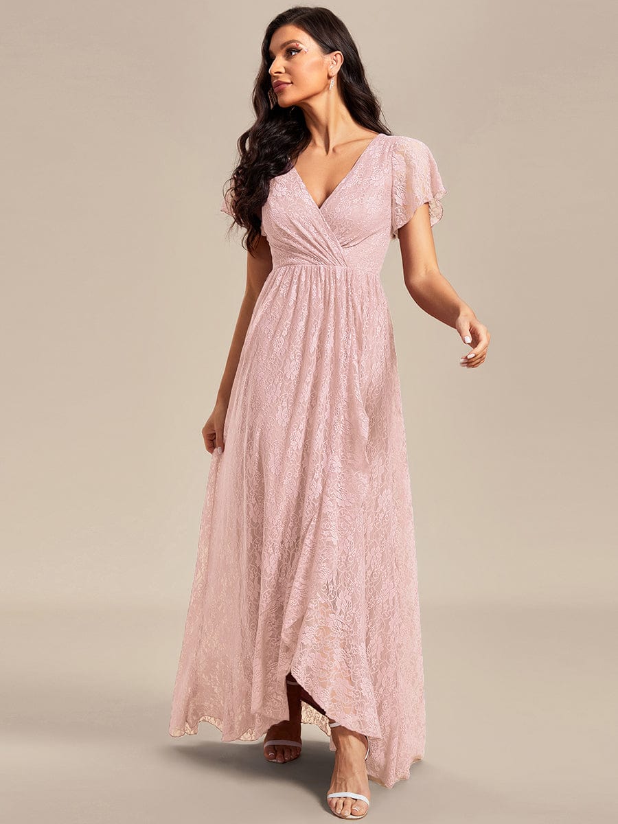 V-Neck Short Sleeve Pleated Ruffled Lace Evening Dress #Color_Pink