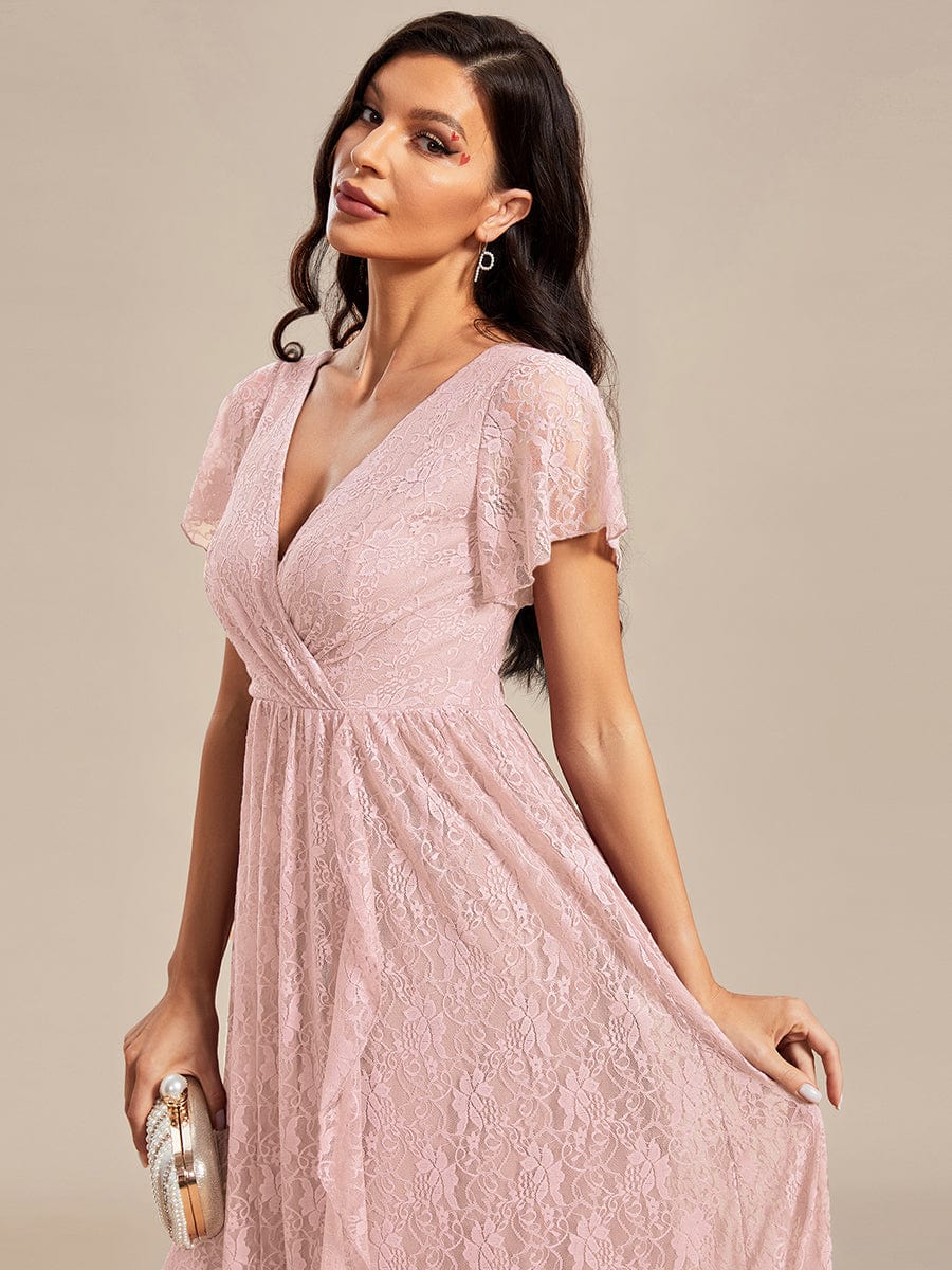 V-Neck Short Sleeve Pleated Ruffled Lace Evening Dress #Color_Pink