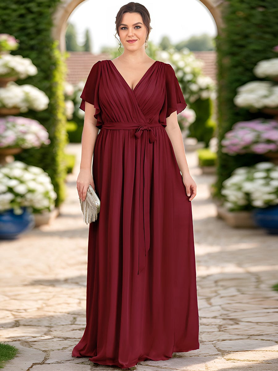 Plus Size Floor-Length Chiffon Evening Dress V-Neck Maxi #color_Burgundy