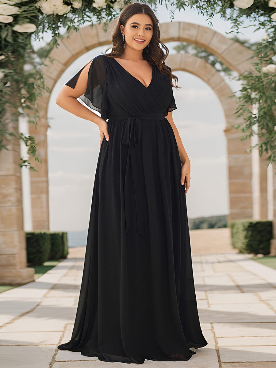 Plus Size Floor-Length Chiffon Evening Dress V-Neck Maxi #color_Black