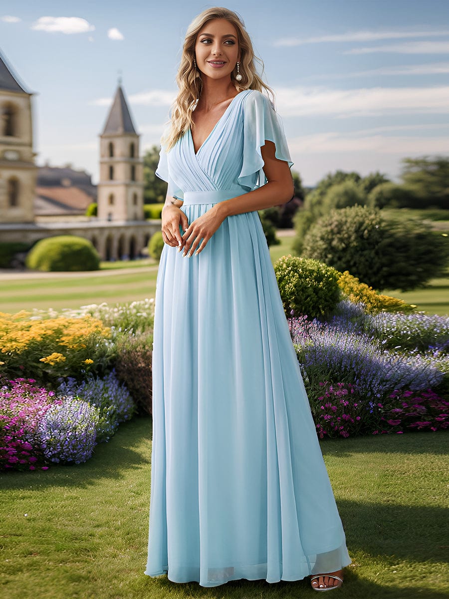 V-Neck Flutter Sleeve Floor-Length A-Line Chiffon Evening Dress #color_Sky Blue