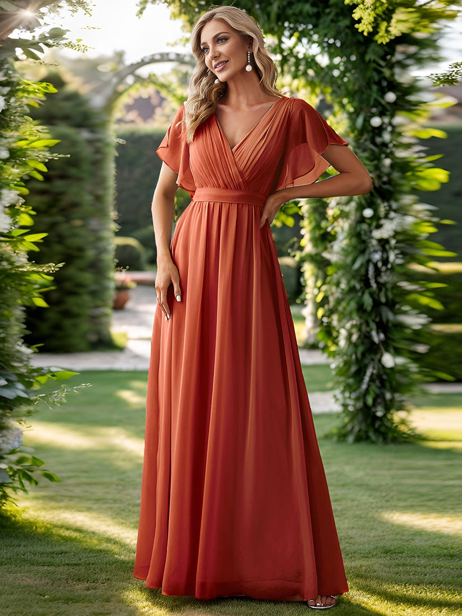 V-Neck Flutter Sleeve Floor-Length A-Line Chiffon Evening Dress #color_Burnt Orange