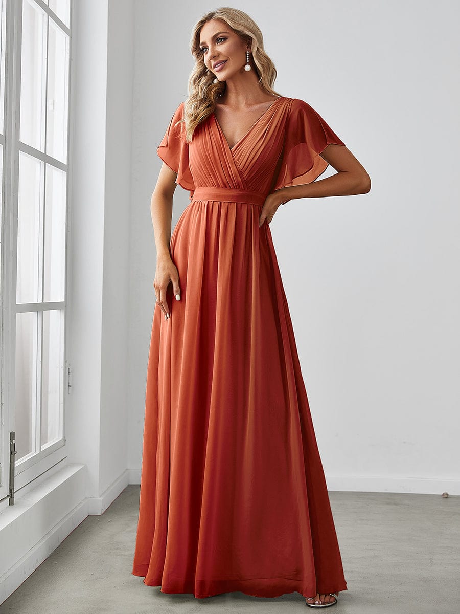 V-Neck Flutter Sleeve Floor-Length A-Line Chiffon Evening Dress #color_Burnt Orange